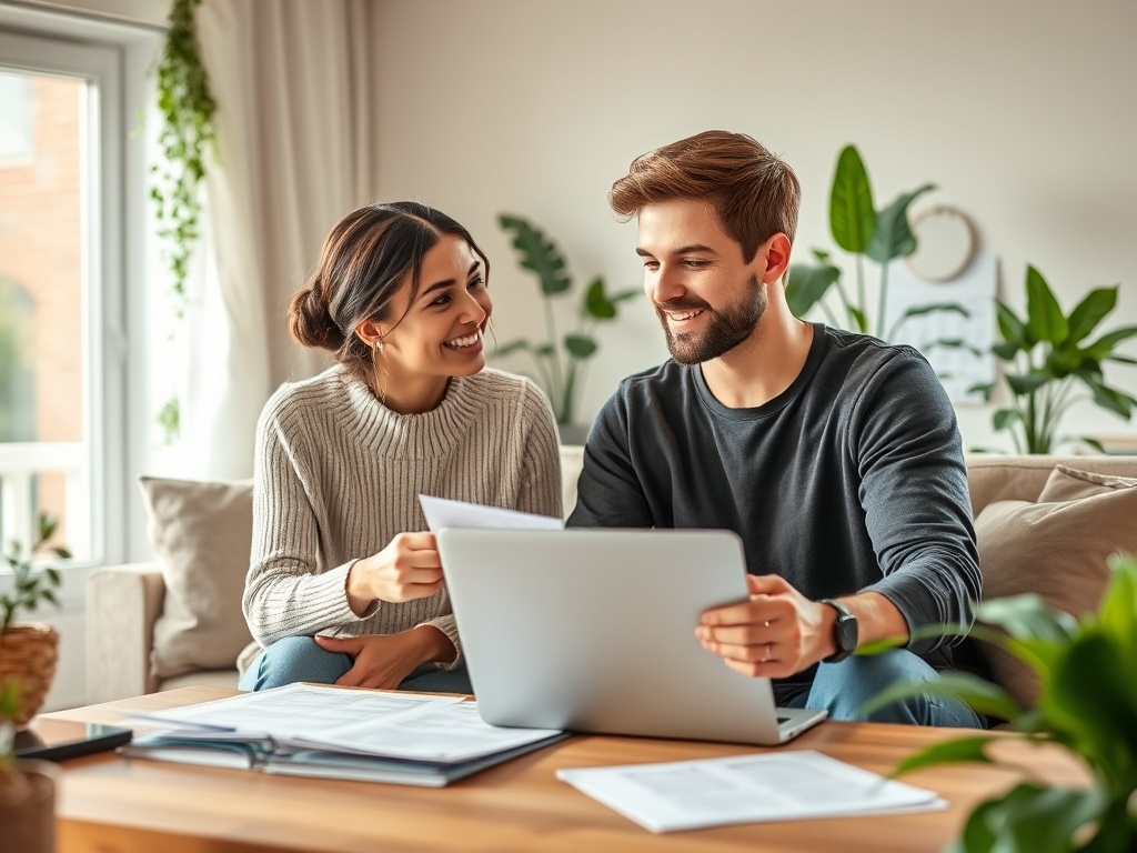 Две улыбающиеся молодые люди сидят за столом, работают на ноутбуке в уютной комнате с растениями.