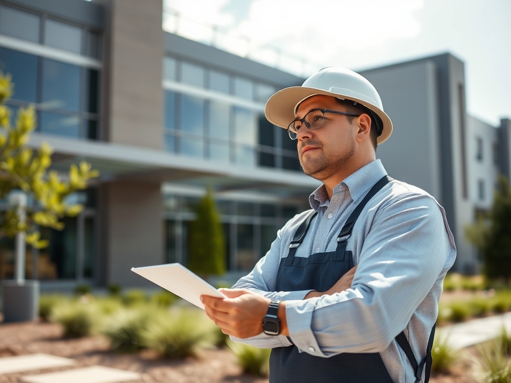 Рабочий в каске и с планшетом стоит на фоне современного здания, оценивая строительный проект.
