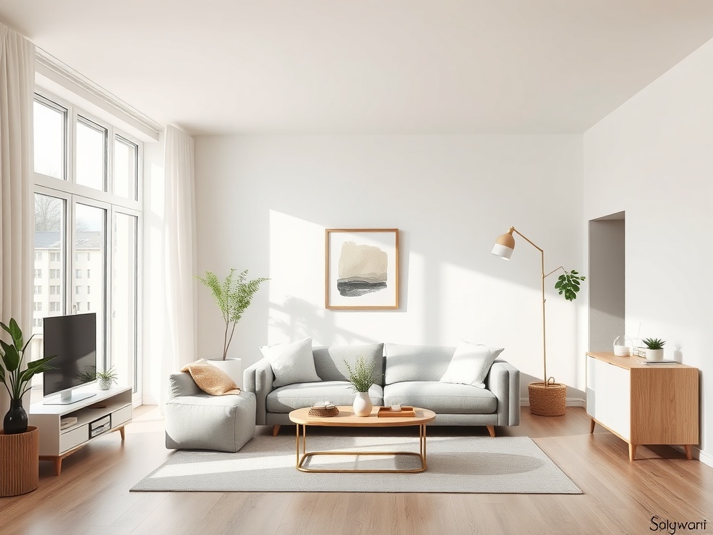 Современная гостиная с большими окнами, мягкой мебелью и растениями, создающая уютную атмосферу.