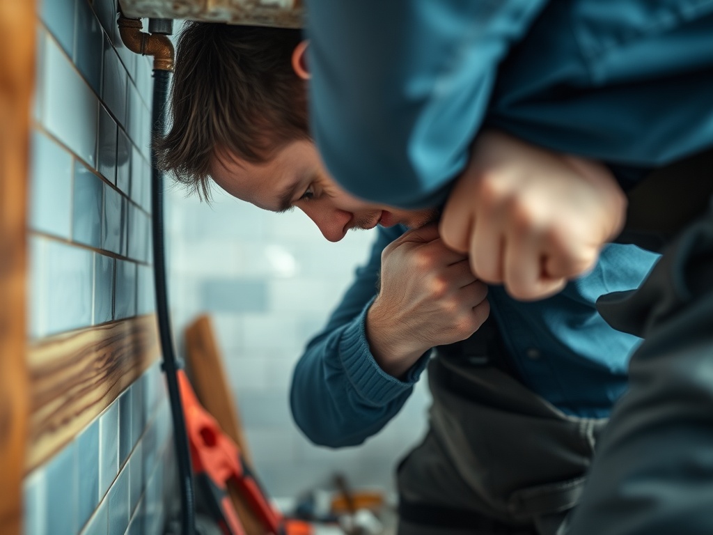 Мужчина ремонтирует водопровод под раковиной, сосредоточенный на своей работе. На фоне плитка и инструменты.