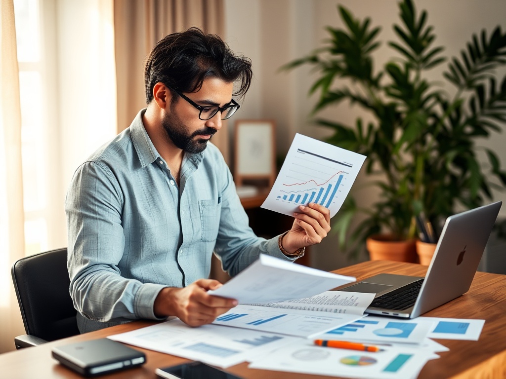 Мужчина в очках изучает документы с графиками и таблицами, работа ведётся за столом с ноутбуком.