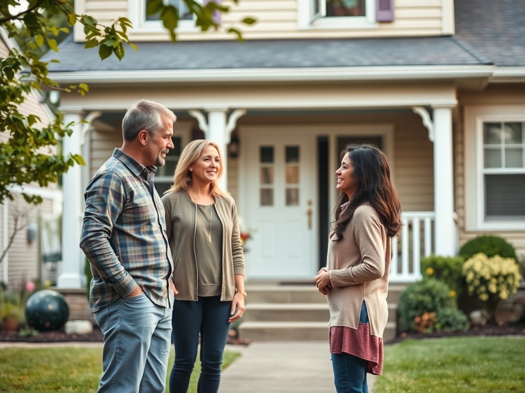 Трое людей общаются на фоне дома. Два мужчины и одна женщина улыбаются друг другу, создавая дружескую атмосферу.