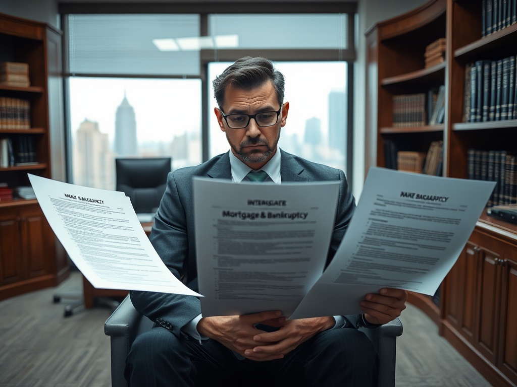 Мужчина в костюме читает документы о банкротстве в офисе с панорамным видом на город.