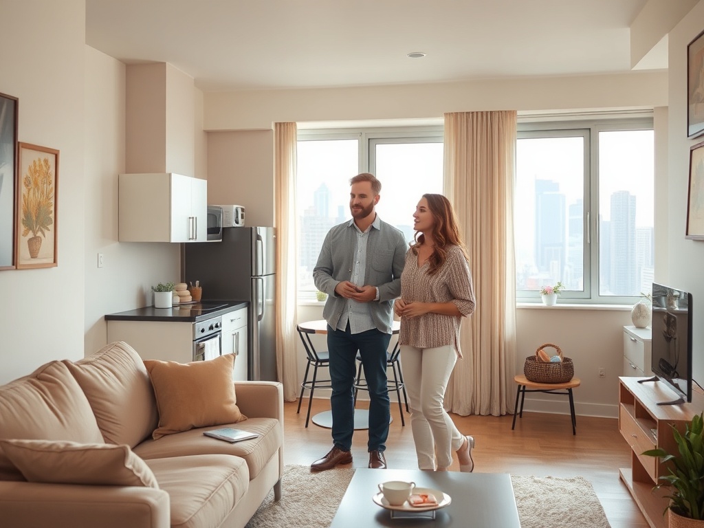 Молодая пара беседует в стильной квартире с большими окнами и современным интерьером.