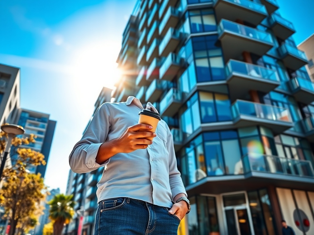 Человек с чашкой кофе на фоне современных зданий, солнечный день. Архитектура и городской пейзаж.