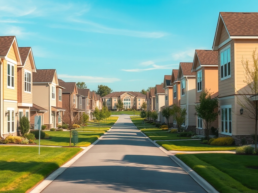 Улица с рядом современных домов и ухоженной зеленью под ясным небом. Спокойная и приятная атмосфера.