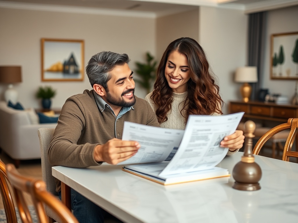 Пара улыбается, рассматривая документы за столом в уютной домашней обстановке.
