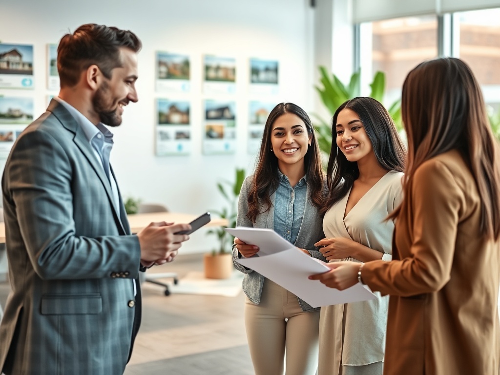 На встрече в офисе три женщины и один мужчина общаются и обсуждают документы с улыбками.