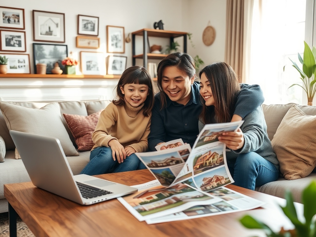 Семья рассматривает фотографии домов на журнальном столике, сидя на диване в уютной комнате.