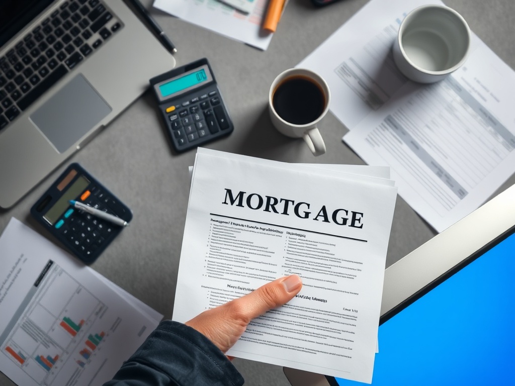 На столе документы по ипотеке, ноутбук, калькуляторы и чашка кофе. Рабочая атмосфера и финансовые расчёты.